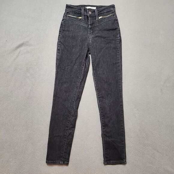 Levi's 721 High Rise Skinny Moto ankle Jeans zip pockets Ultra Black Size 25 - Picture 1 of 13